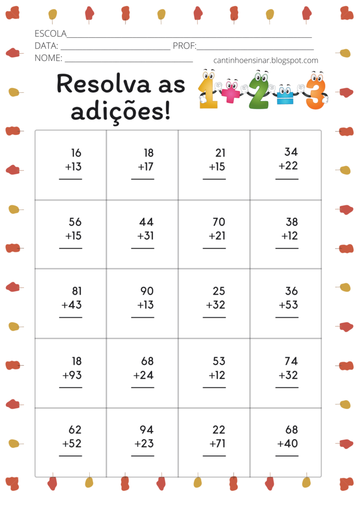 Atividades de Matemática – Cálculo, recorte e colagem das adições –