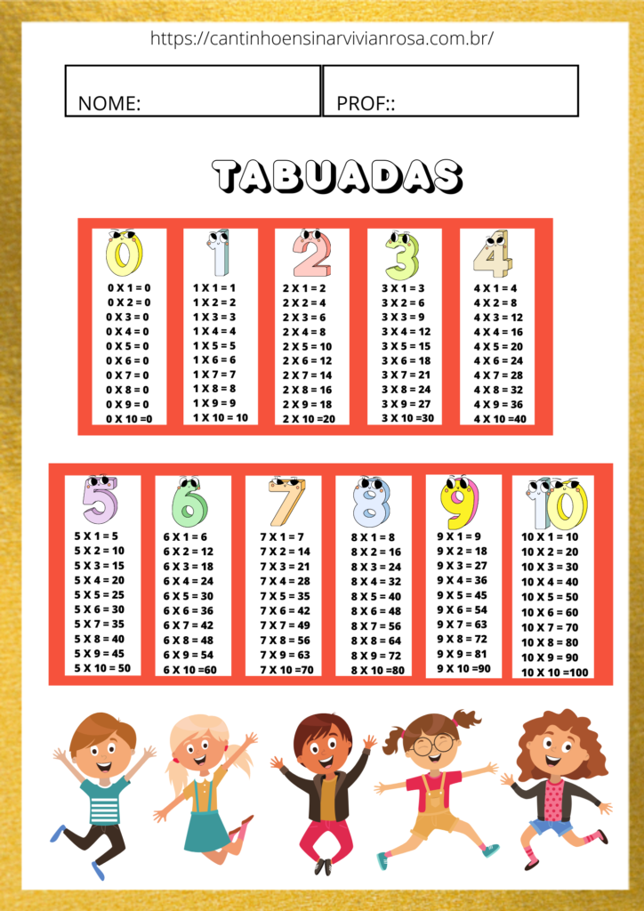 Tabuadas de Parede para Impressão - MULTIPLICAÇÃO do 0 ao 10